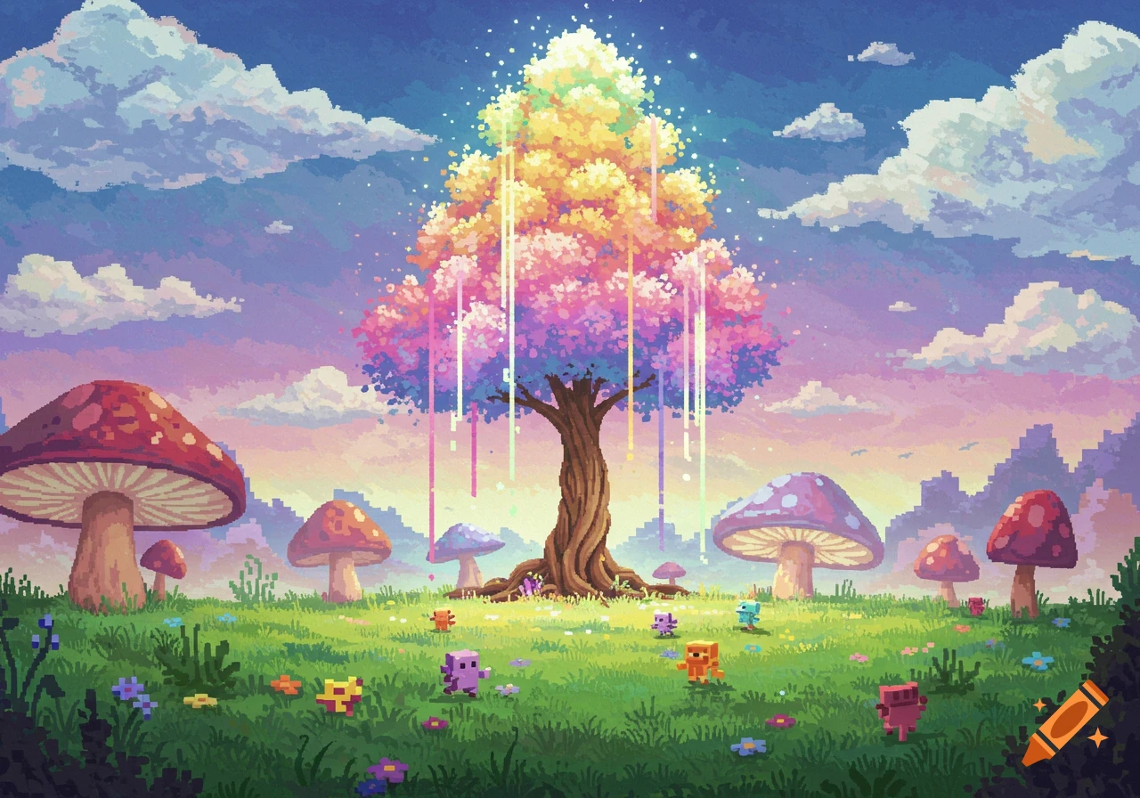 Pixel art fantasy landscape with a vibrant, glowing rainbow tree, large mushrooms, and small blocky creatures under a pastel sky.