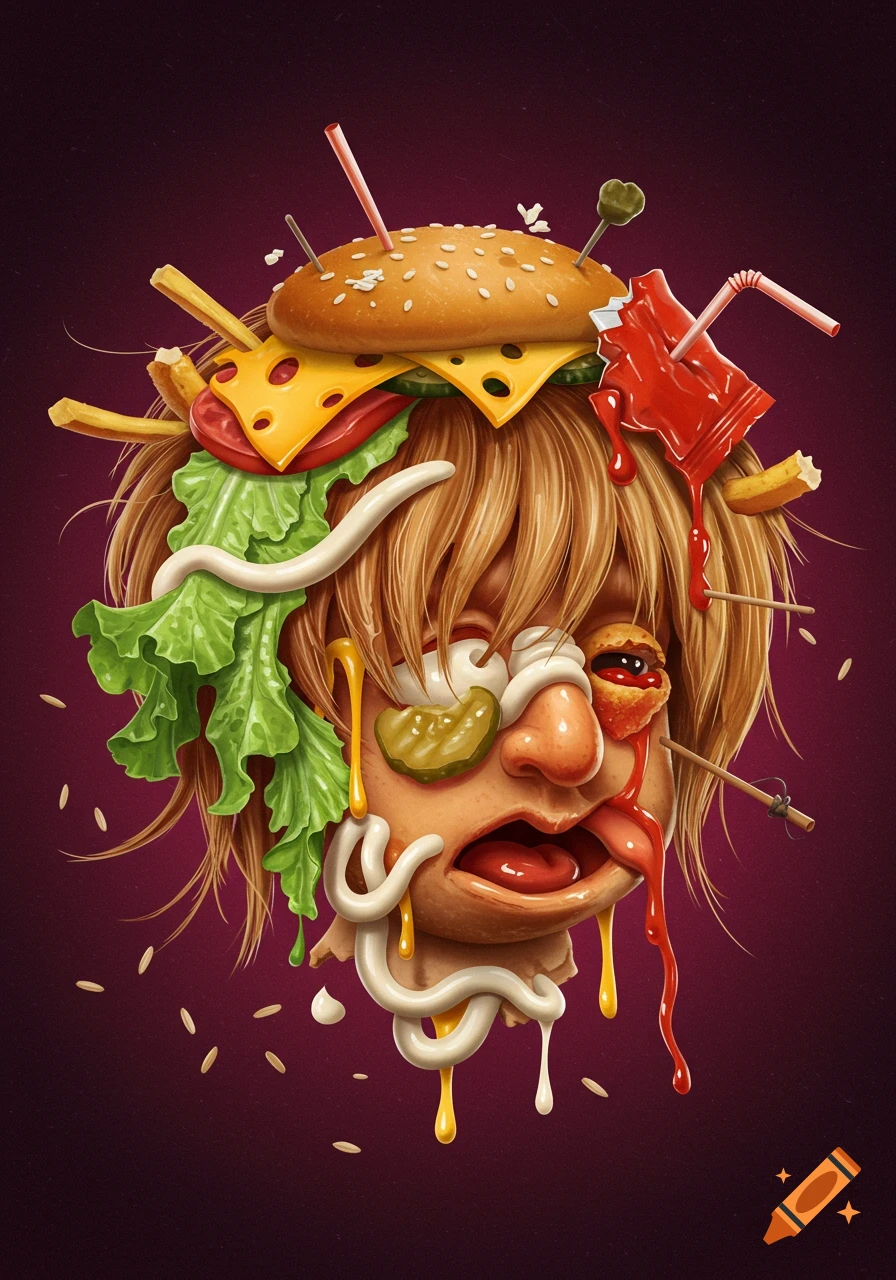 A grotesque, stylized illustration of a human face covered in messy fast food items like lettuce, cheese, fries, ketchup, and mayonnaise, with a burger bun as a hat.