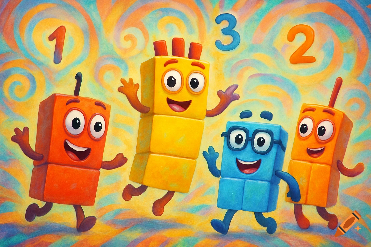 Four cheerful, block-shaped cartoon characters, in colors red, yellow, blue, and orange, standing and jumping. Numbers 1, 2, and 3 float above them against a vibrant, swirly background.