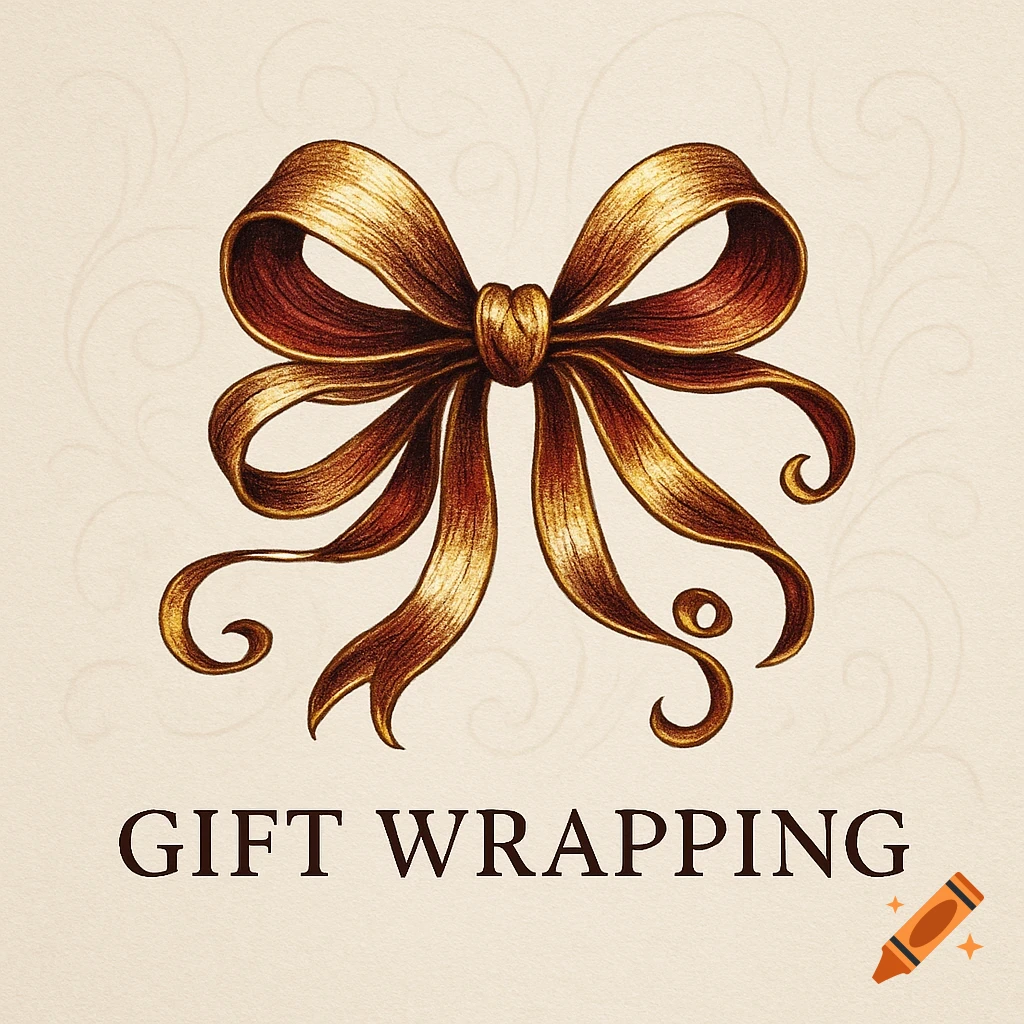 A vintage-style illustration of a golden and brown gift bow with curled ribbons on a beige background, with 'GIFT WRAPPING' text below.