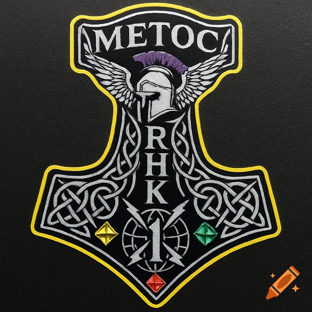 Black Mjolnir hammer decal with silver Celtic knots, a Spartan helmet, and text 'METOC', 'RHK', '1', outlined in yellow, with colored jewels.