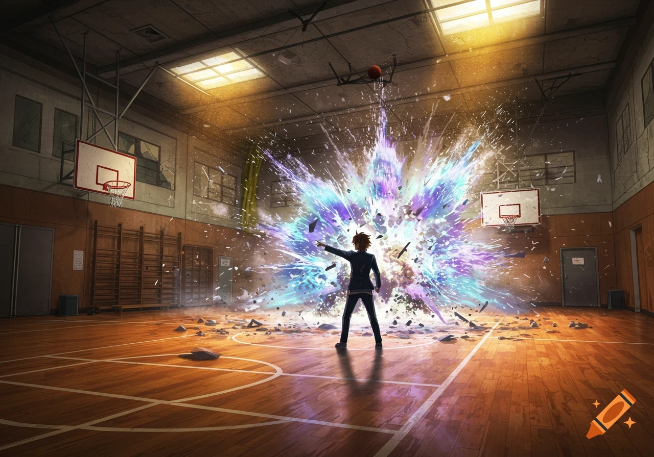 An anime character causes a bright, colorful explosion of light and debris in the center of a school gymnasium.