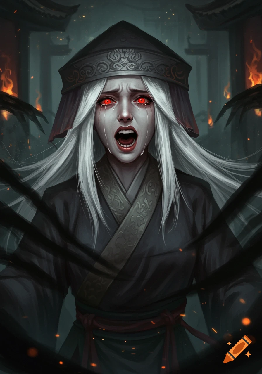 A young woman with white hair and glowing red eyes cries out, wearing a dark Asian robe and hat, surrounded by dark tendrils and flames in a dark fantasy setting.