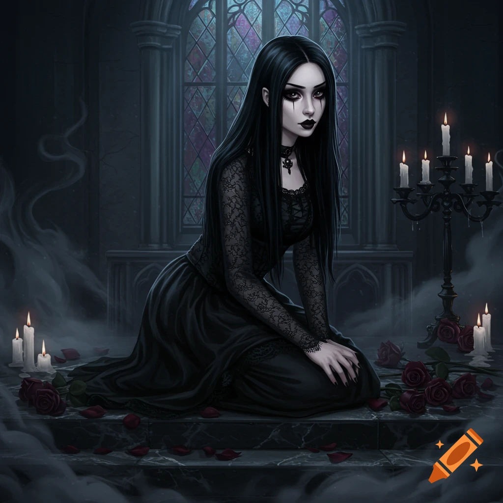 A gothic woman with long black hair, dark makeup, and a black lace dress kneels among red roses and candles in a dark, atmospheric church.