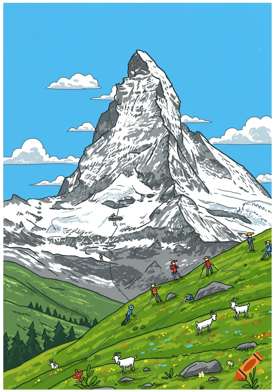 Cartoon of the Matterhorn mountain with hikers and goats on green slopes under a blue sky.