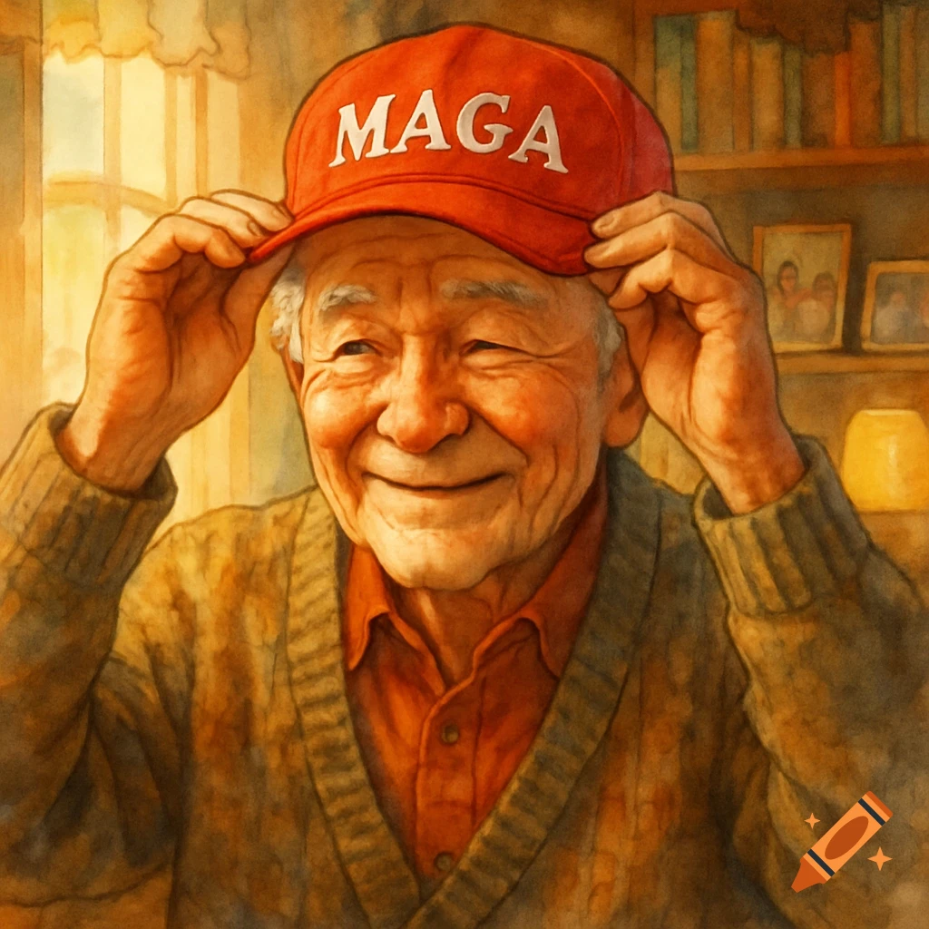 An elderly man with a warm smile puts on a red hat with "MAGA" written on it, in a painterly style.