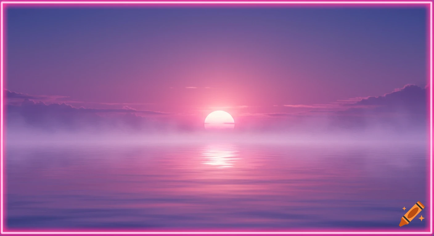 A dreamy pink and purple sunset over calm water with a glowing neon border.