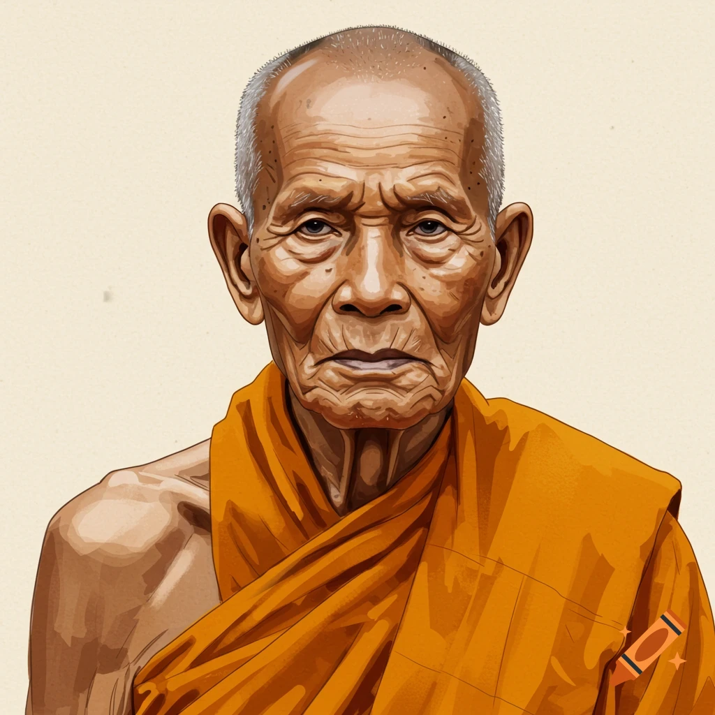 A detailed illustration of an old Buddhist monk with a wrinkled face and short grey hair, wearing traditional orange robes.