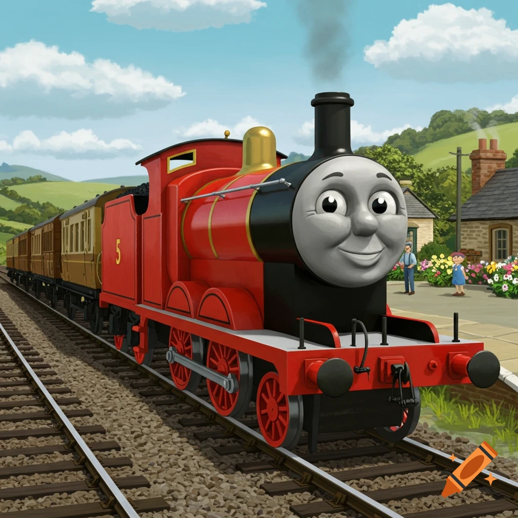 A smiling red train with the number 5 on its side, pulling passenger cars on tracks, at a station with people and flowers under a blue sky.