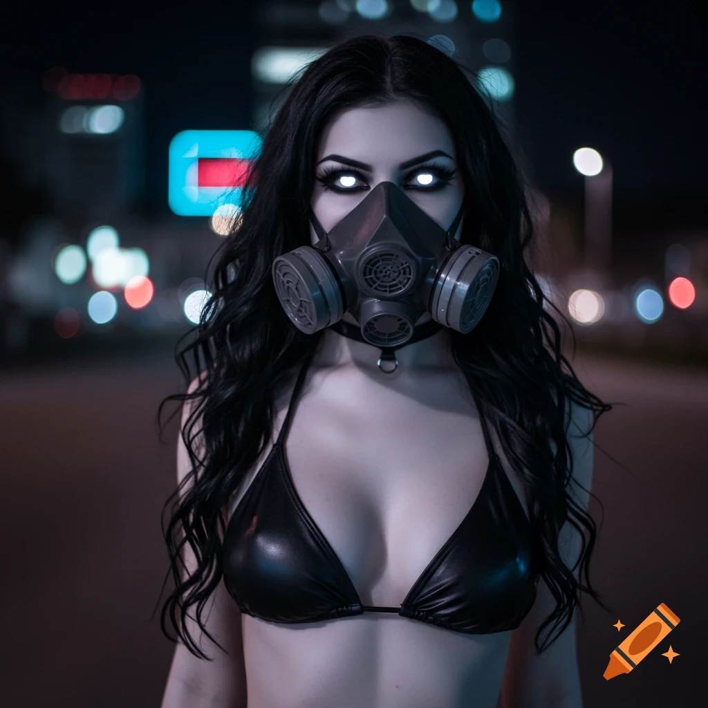 Photorealistic portrait of a goth woman with long dark hair, glowing white eyes, a gas mask, and a black bikini top at night in an urban setting.