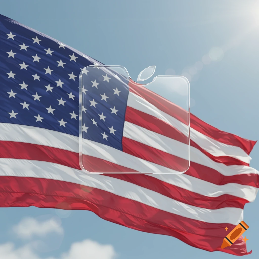 A realistic depiction of a waving American flag against a blue sky, with a transparent rounded square icon featuring a leaf symbol superimposed.