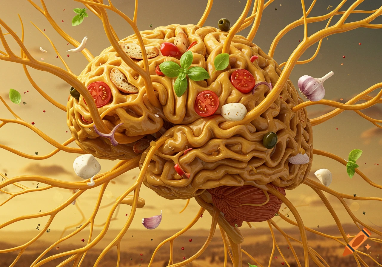 A surreal brain made of spaghetti and sauce, adorned with tomatoes, basil, mozzarella, olives, garlic, and bread, with noodle-like nerves.