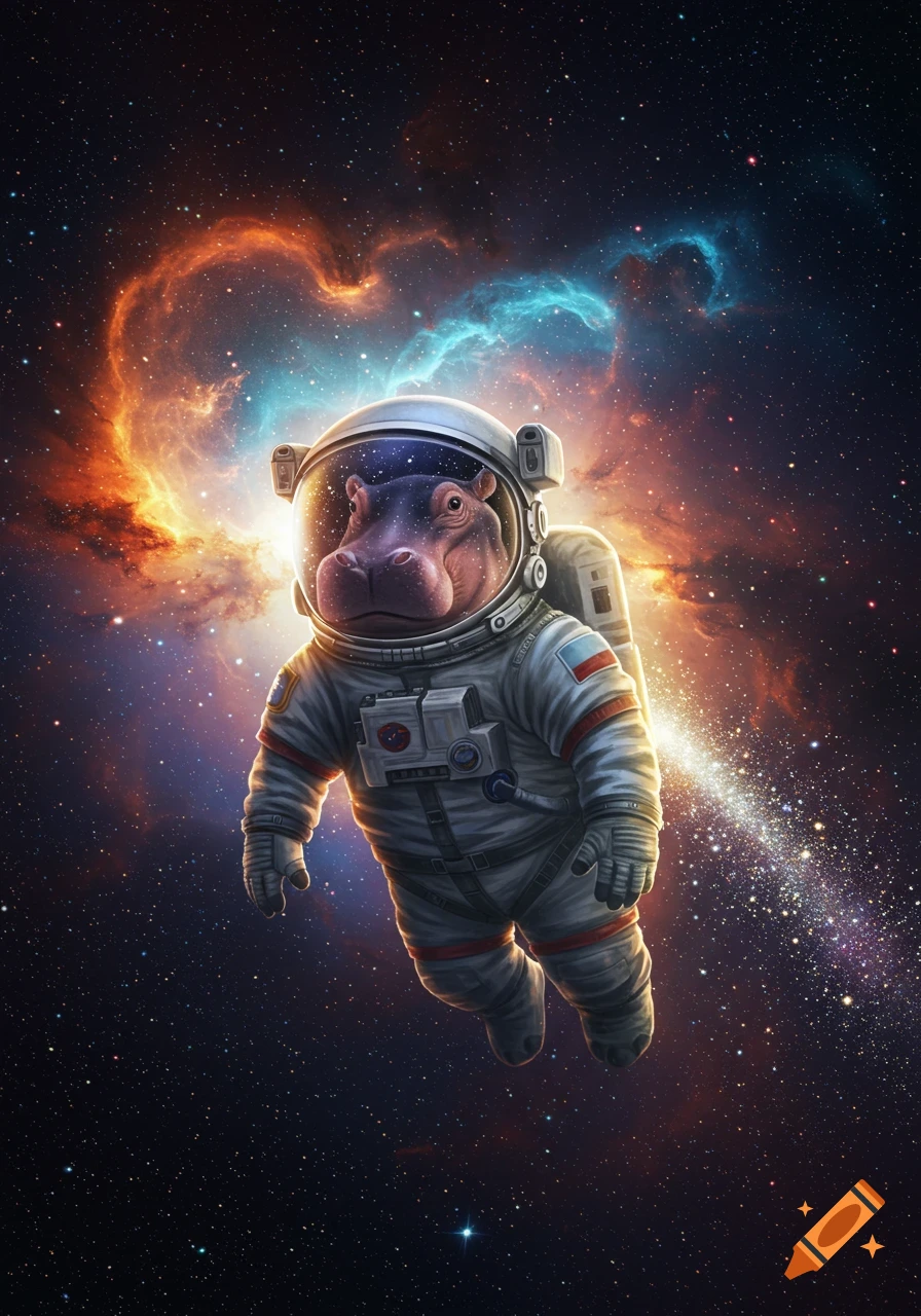 A cartoon hippo in an astronaut suit floats in deep space, surrounded by colorful nebulae and bright stars.