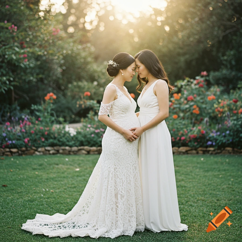 Two women in white wedding dresses, one pregnant, embrace tenderly in a sunlit garden, foreheads touching.