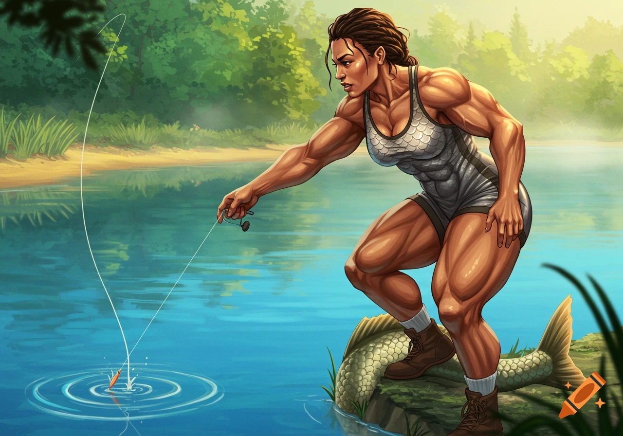 A muscular woman in a sports outfit fishes by a tranquil lake in a vibrant illustration style.