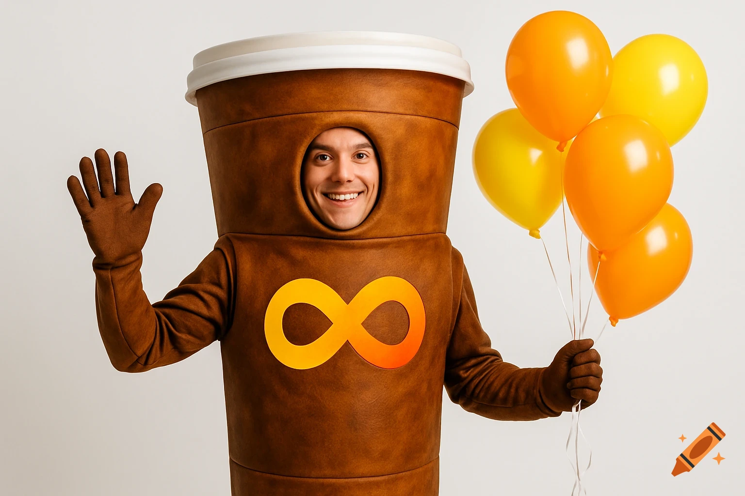 A smiling man in a brown coffee cup costume with a yellow and orange infinity logo waves while holding yellow and orange helium balloons against a white background.