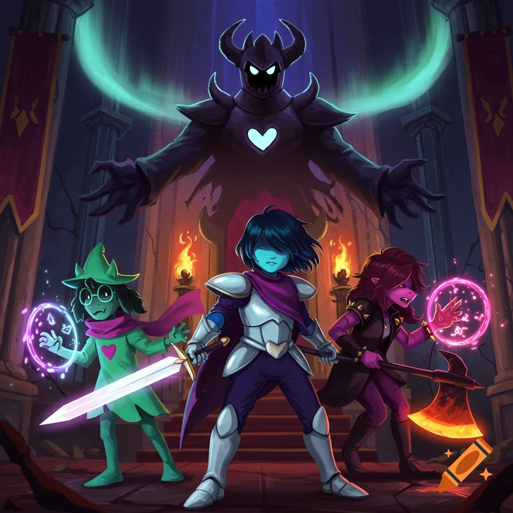 Deltarune characters Kris, Susie, and Ralsei confront the shadowy Roaring Knight in a dark, torchlit castle.