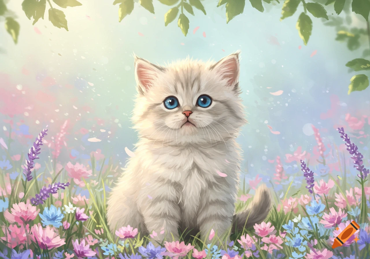 A fluffy white kitten with bright blue eyes sits in a field of colorful pink, purple, and blue flowers under sunlit leaves.