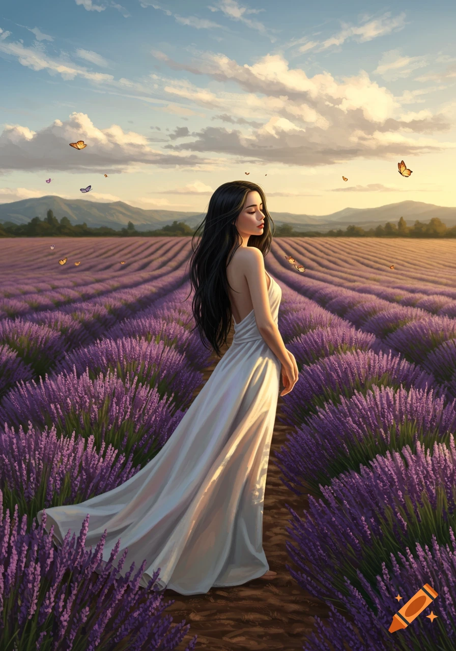 A digital painting of a woman in a white dress in a lavender field at sunset, with mountains and butterflies in the background.