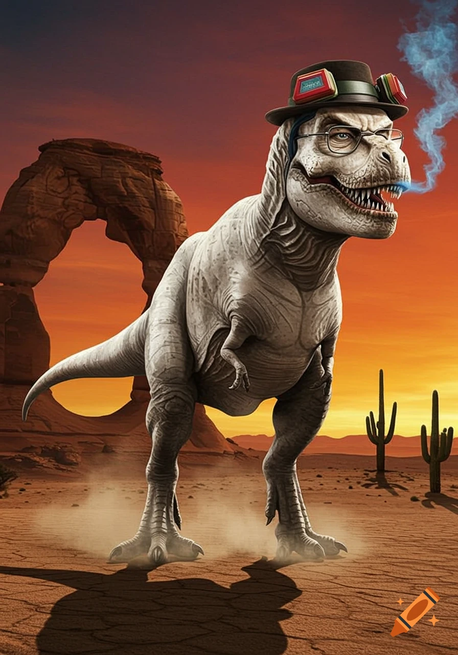 A T-Rex wearing a fedora, glasses, and goggles, exhaling blue smoke, stands in a desert with rock formations and cacti under an orange sky.