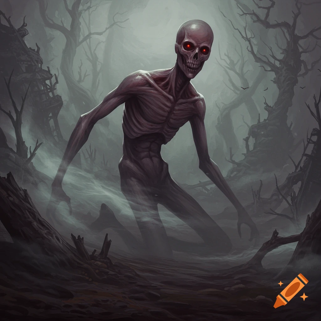 A terrifying skeletal creature with glowing red eyes stands in a foggy, desolate forest.