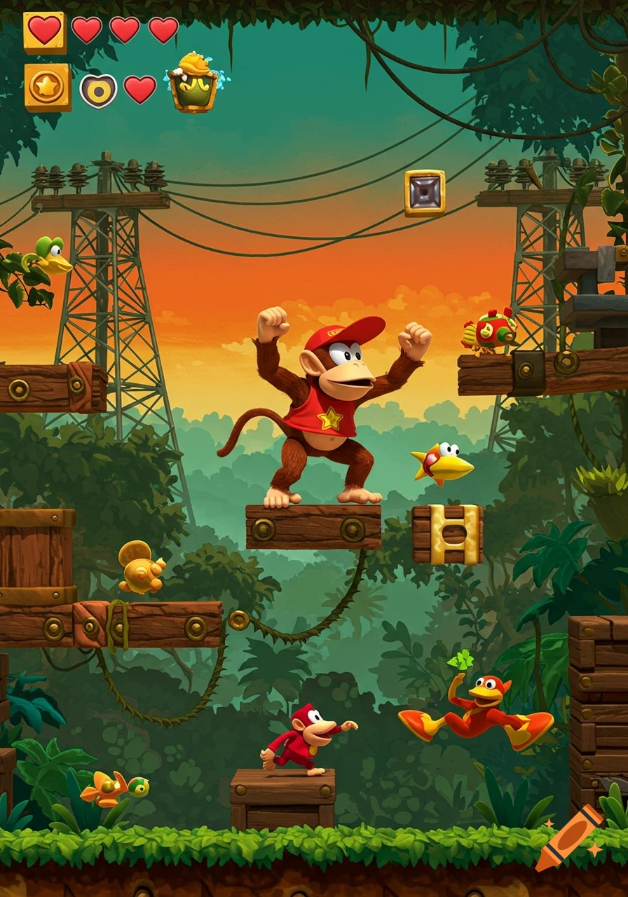 Diddy Kong in a 2D side-scrolling jungle platformer level with power lines, collectibles, and enemies.