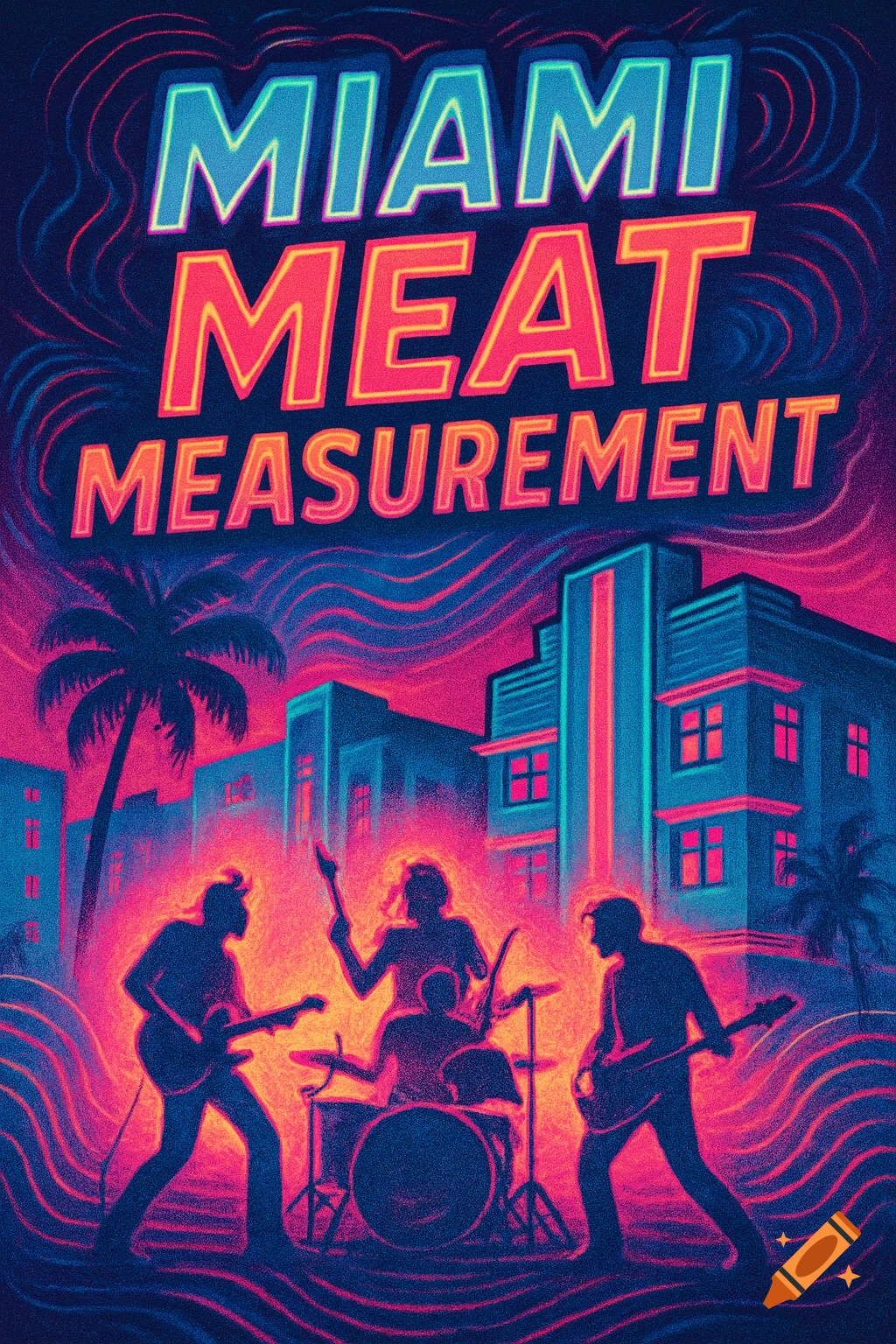Retro neon-style poster of a band playing in front of a Miami cityscape with the text 'MIAMI MEAT MEASUREMENT'.