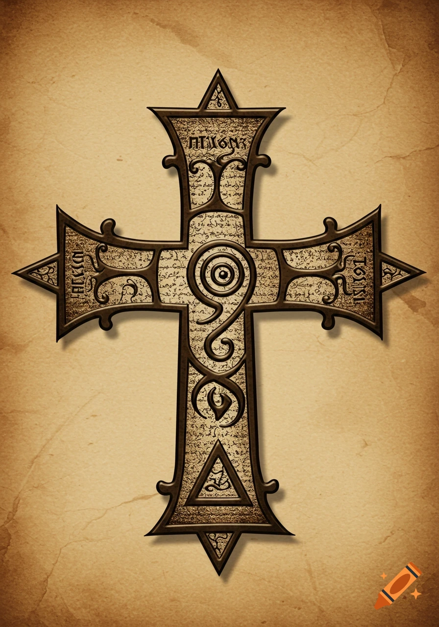 An ornate ancient cross with a central spiral and triangle at the base, etched in the style of old manuscripts on parchment.