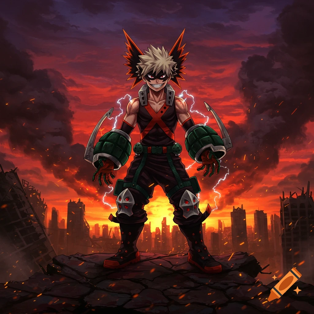 Bakugo from My Hero Academia, depicted as a villain, stands menacingly in a ruined city under a fiery red sky.