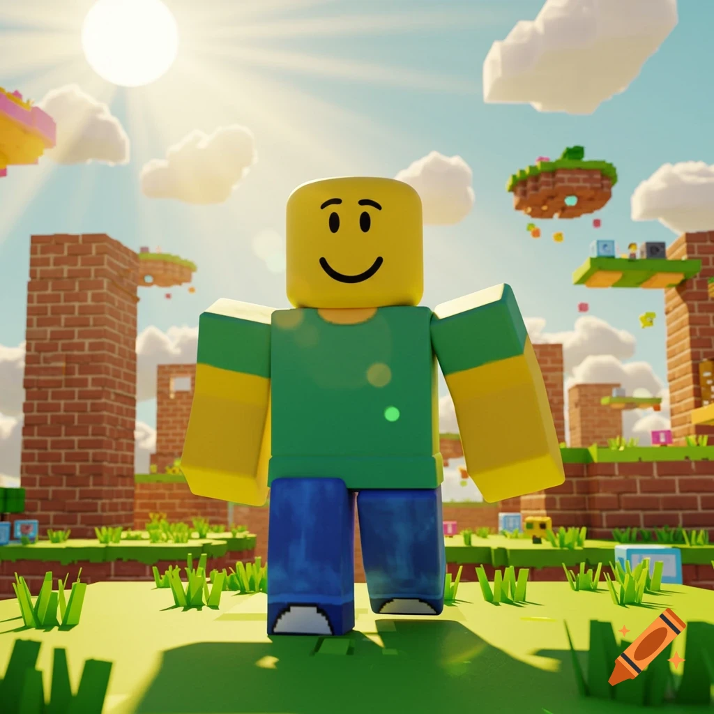 A blocky Roblox "noob" character with a smiley face stands in a vibrant, sunny game world with floating islands and brick structures.