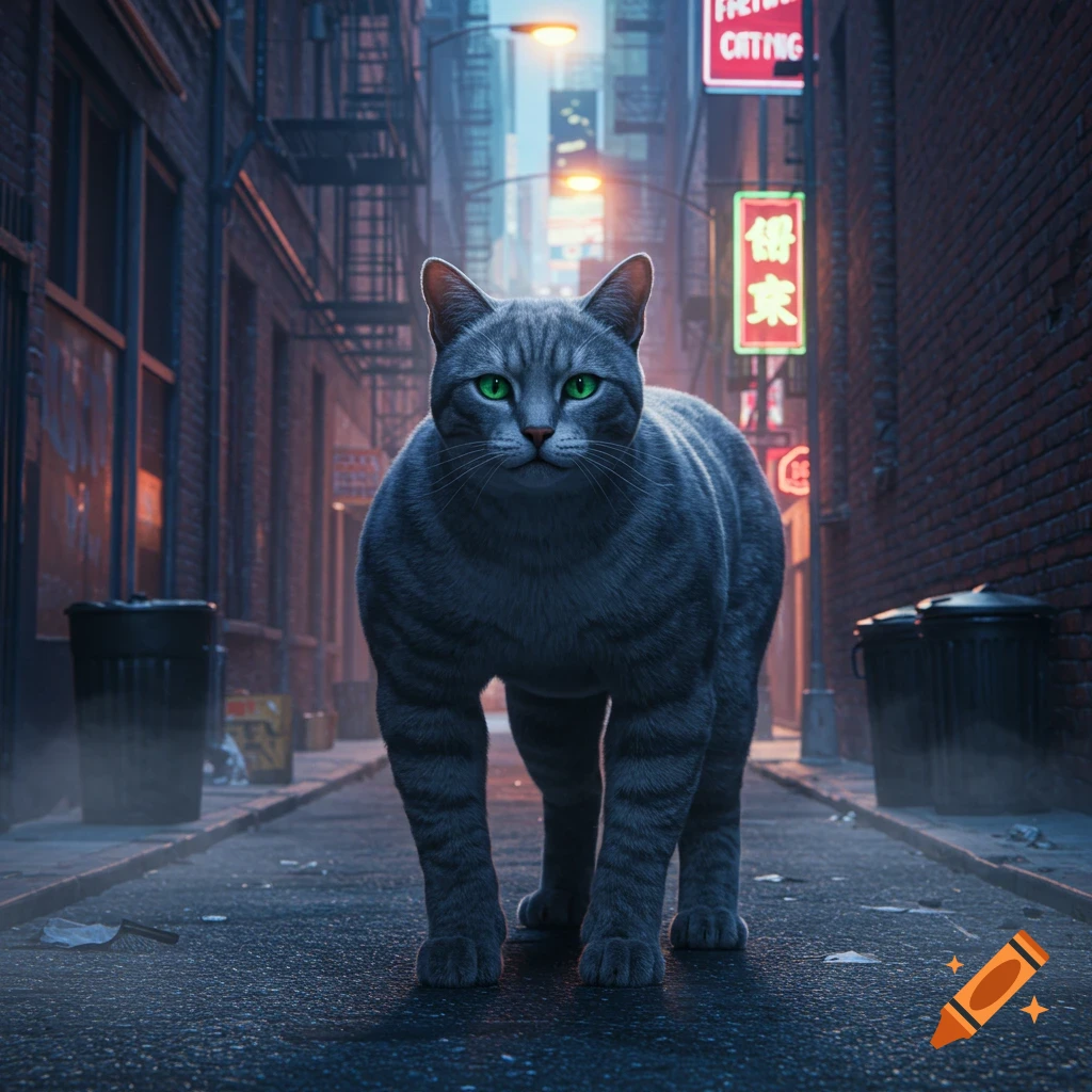 A muscular grey tabby cat with bright green eyes stands in a dark, wet city alley at night under glowing neon signs.