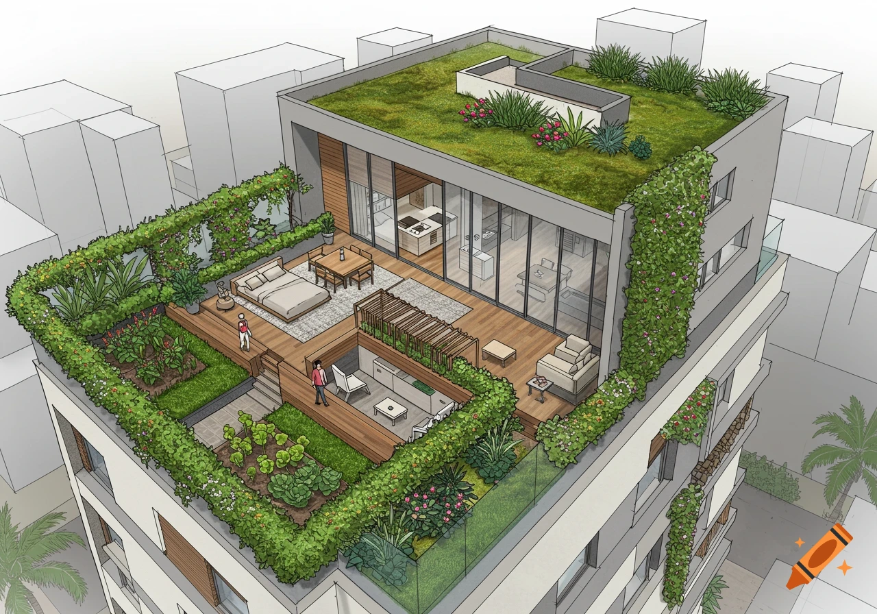 Detailed architectural sketch of a modern rooftop apartment with a green roof, garden, and outdoor living areas in a city setting.