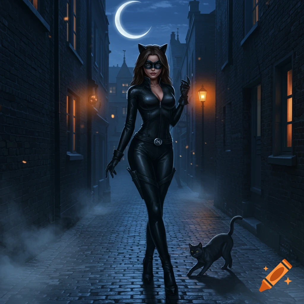 A woman in a black catsuit and mask stands in a dark alley with a black cat and a crescent moon in the night sky.