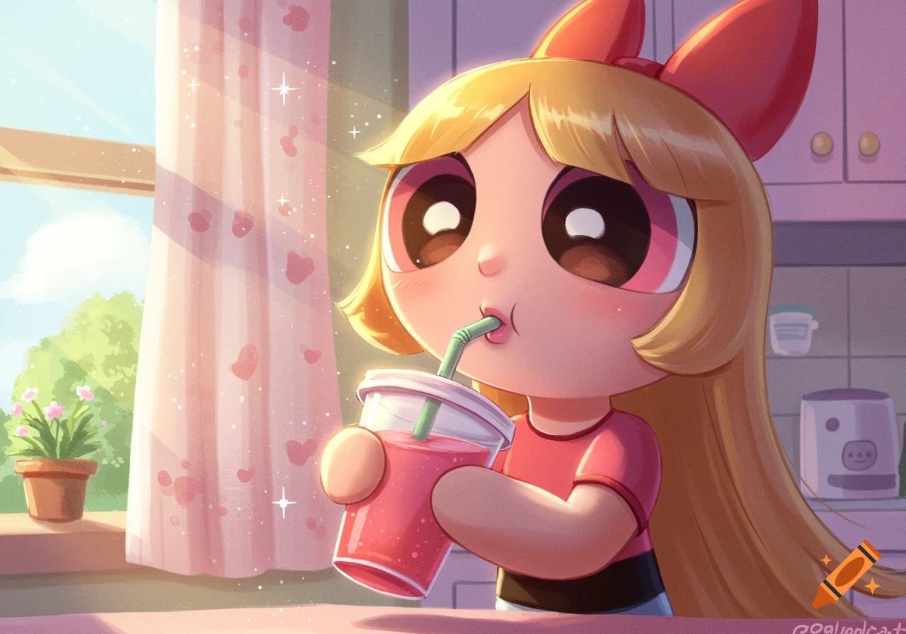Blossom from Powerpuff Girls drinks a pink smoothie with a straw, bathed in sunlight from a window in a cartoon style.