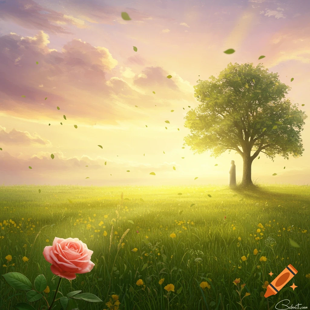 A vibrant sunset over a green meadow with a lone tree and a person, with a pink rose in the foreground and leaves falling.