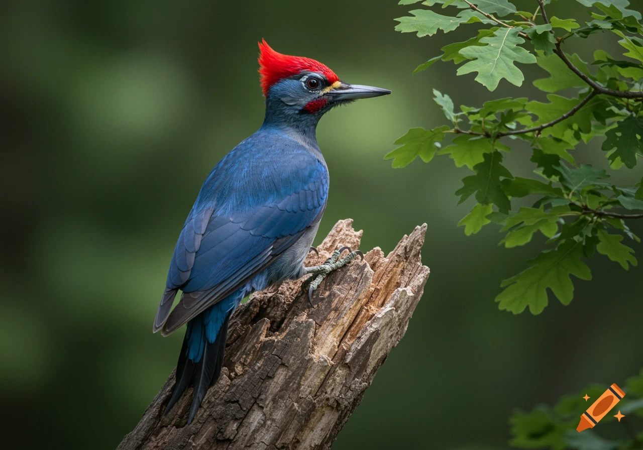 A vibrant blue and red woodpecker perches on a weathered tree stump, set against a soft, blurred green background.