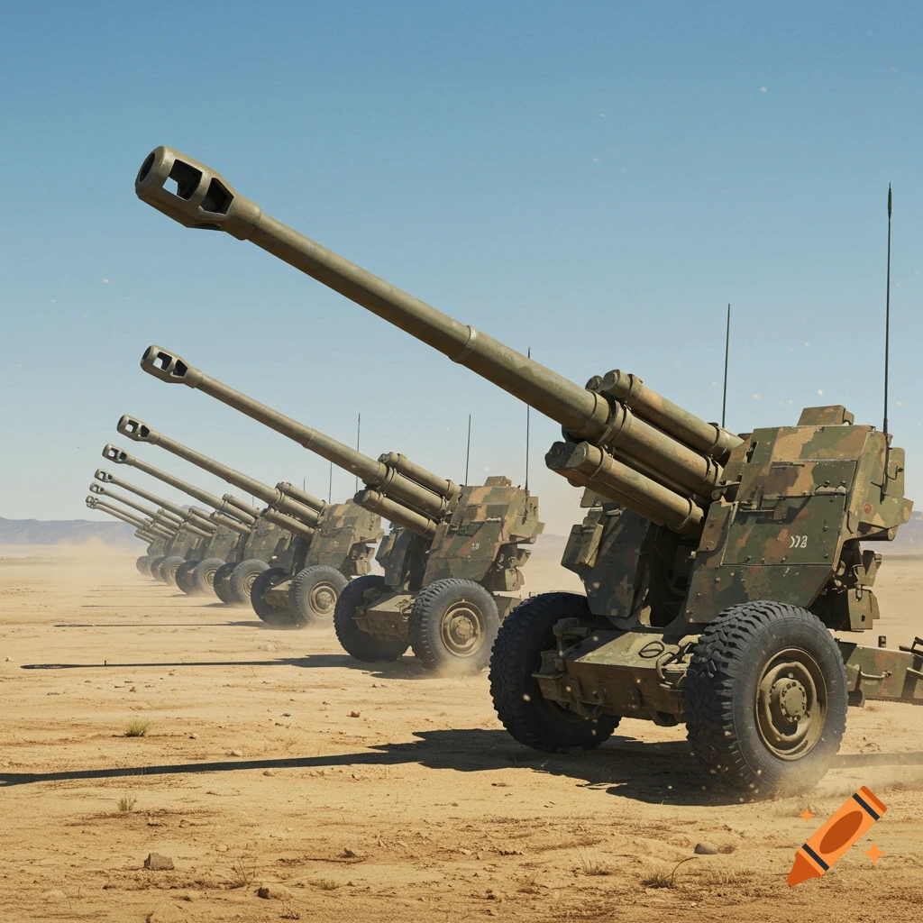 A long row of military howitzers with long barrels pointing up, parked in a desert landscape under a clear blue sky.