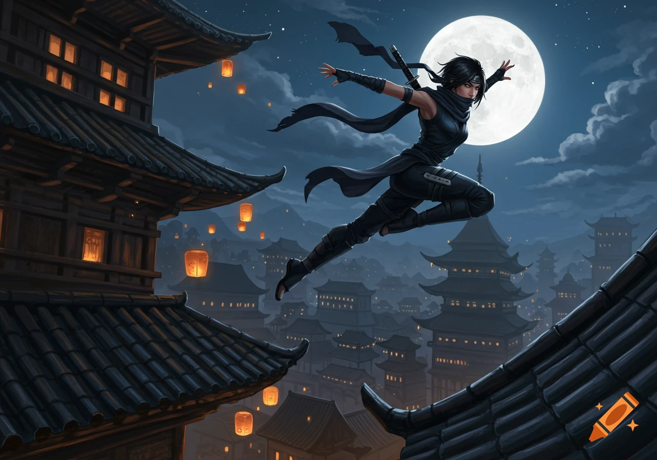 A female ninja leaps across traditional rooftops at night under a full moon, with glowing lanterns floating in the sky.