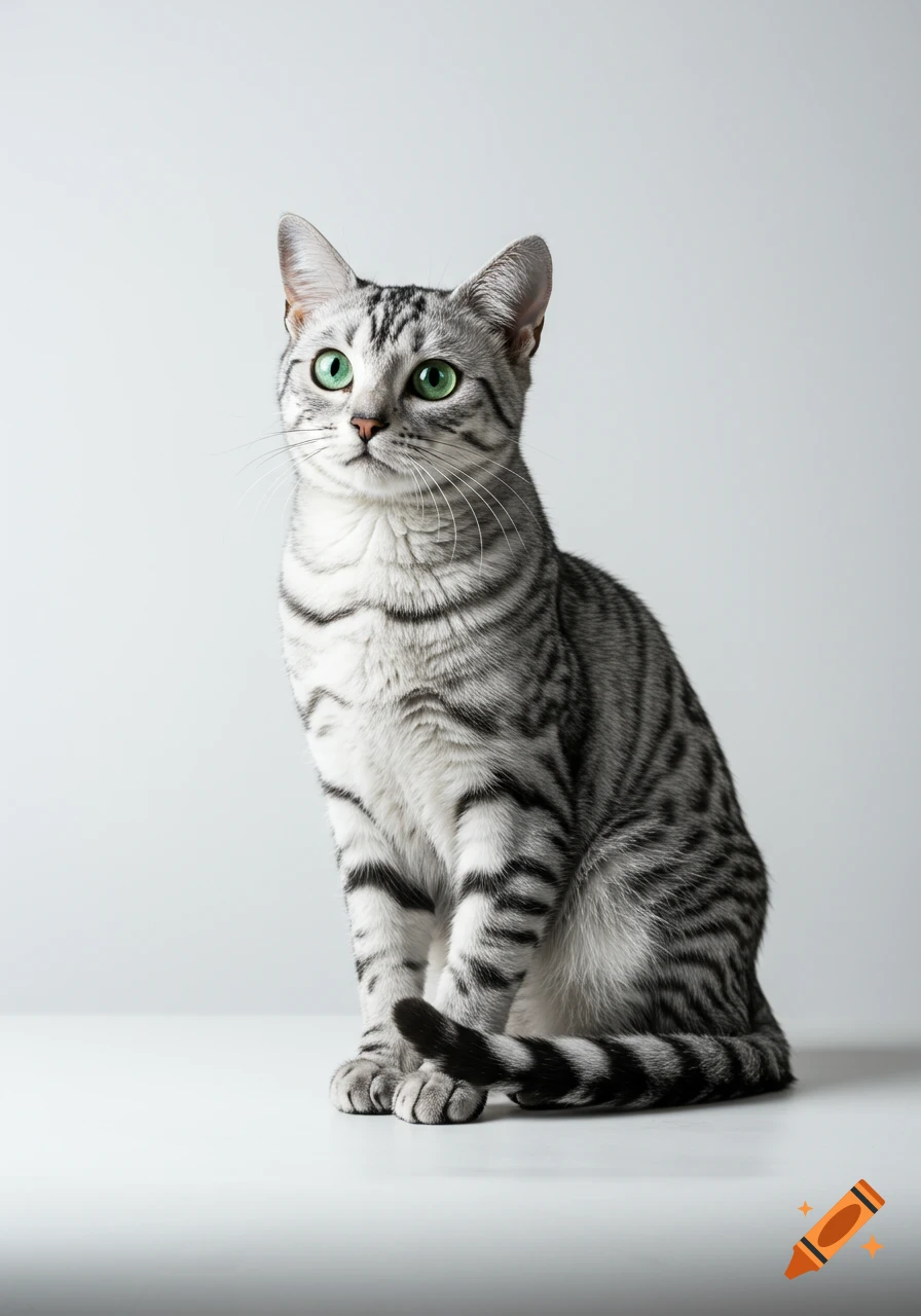 A photorealistic silver tabby cat with pale green eyes sitting against a plain white background.
