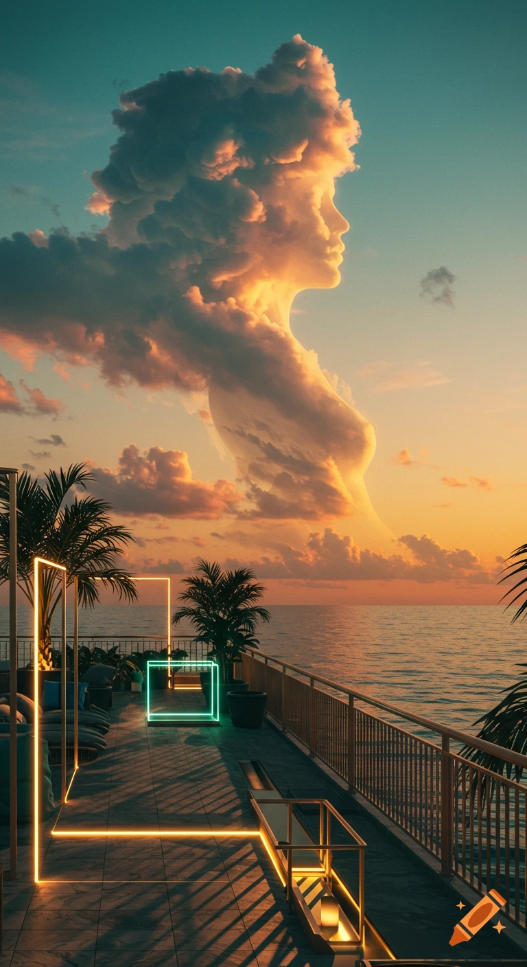 Hyperrealistic sunset view from a rooftop with glowing neon outlines, palm trees, and an abstract female cloud figure over the ocean.