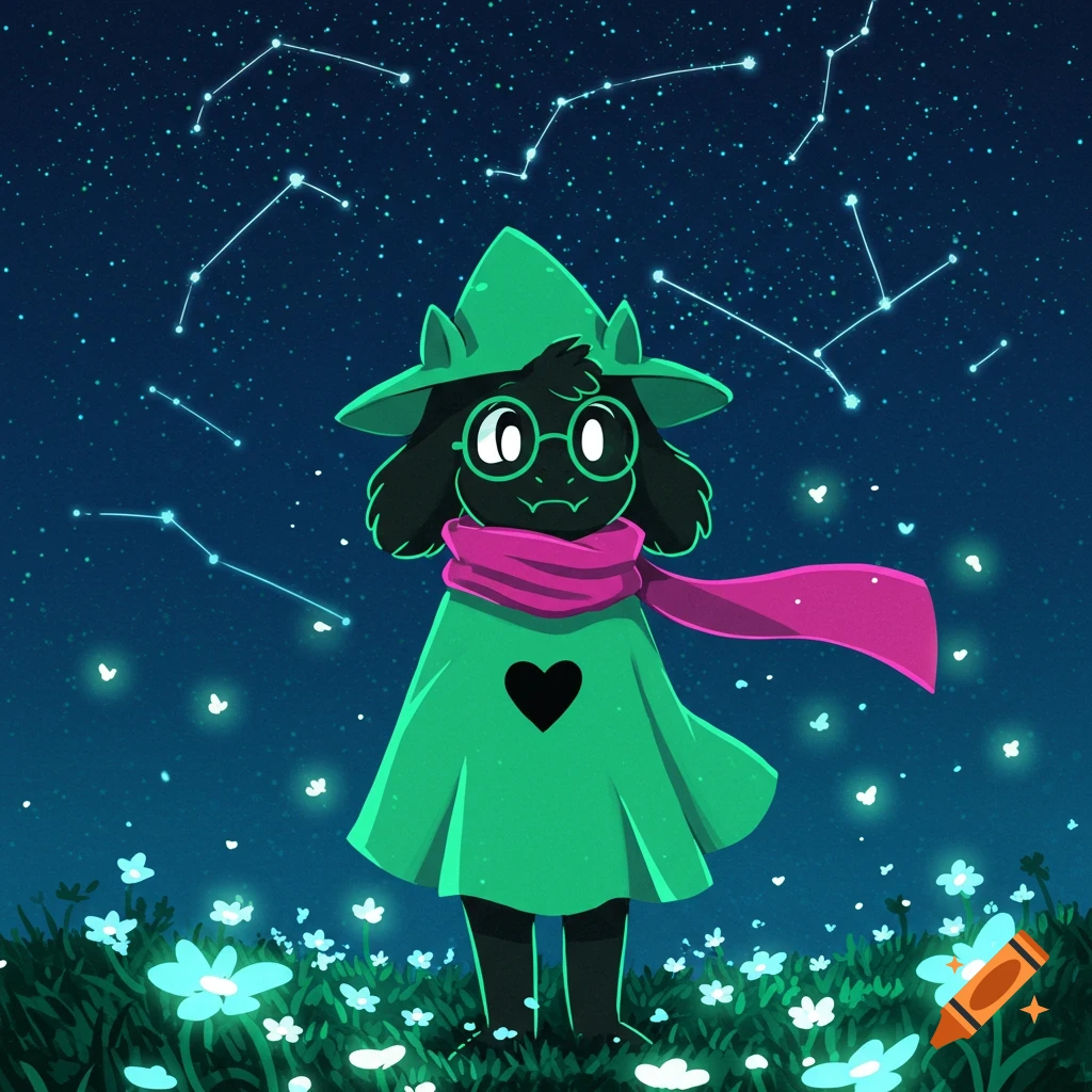 Stylized Ralsei, a green-cloaked character with a pink scarf, stands in glowing flowers under a starry night sky with constellations.