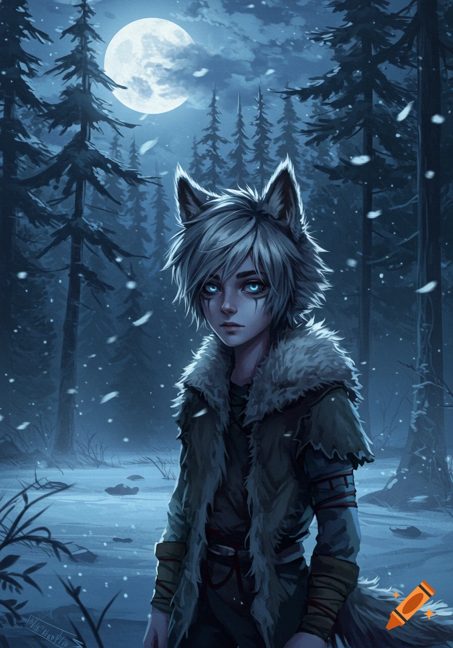 A young wolf boy with blue eyes, white hair, and a fur coat stands in a snowy, moonlit forest with pine trees. Illustrative style.