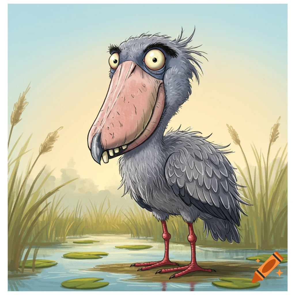 A cartoon shoebill stork with human teeth, scruffy feathers, and tiny pupils stands in a pond with lily pads.