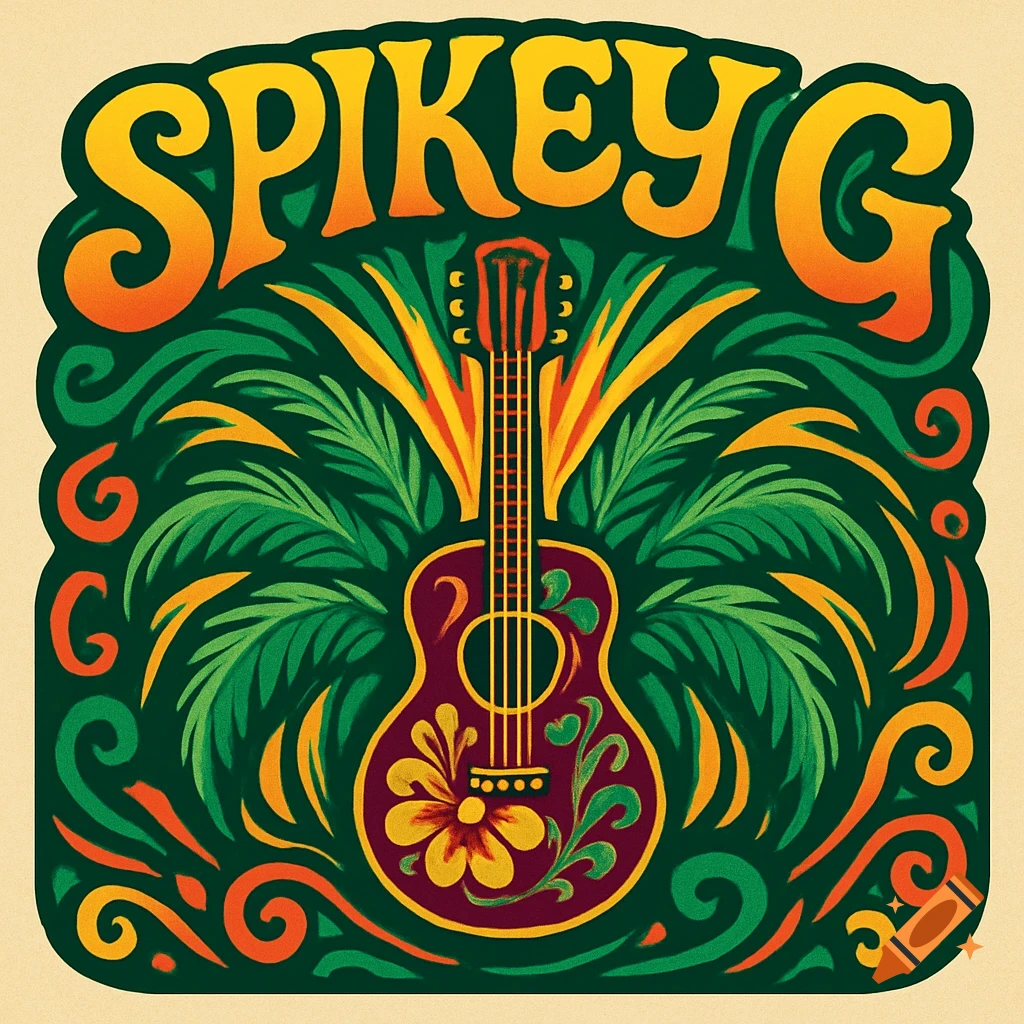 A psychedelic band logo featuring 'SPIKEY G' text above a decorative guitar surrounded by vibrant tropical foliage.