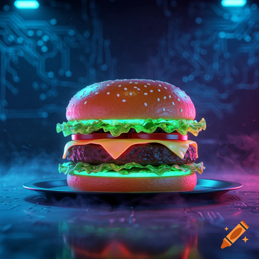 A vibrant burger with neon green lettuce and cheese glows against a dark, futuristic background with circuit board patterns and colorful light.