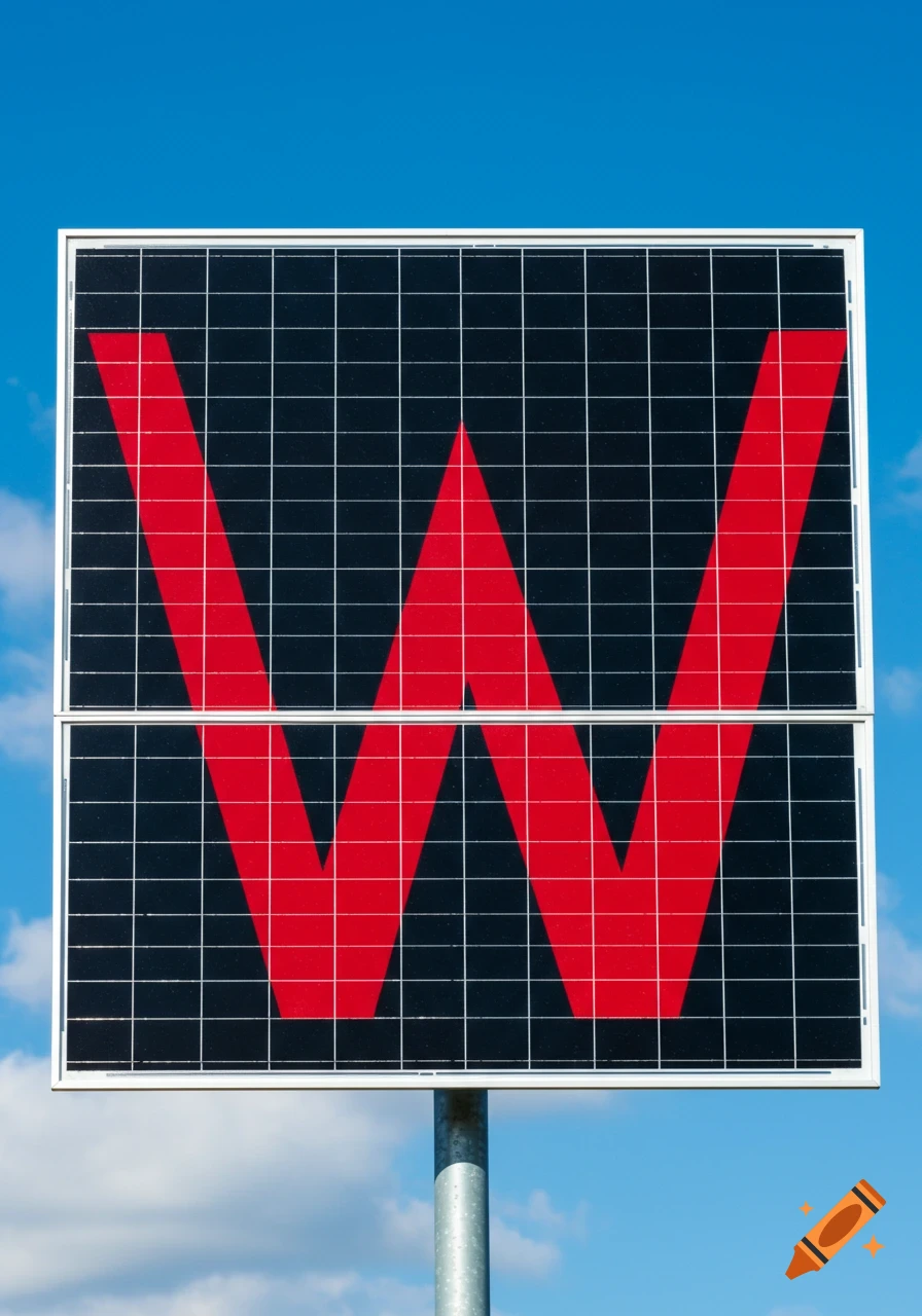 Red capital W formed by colored cells on a solar panel, set against a bright blue sky.