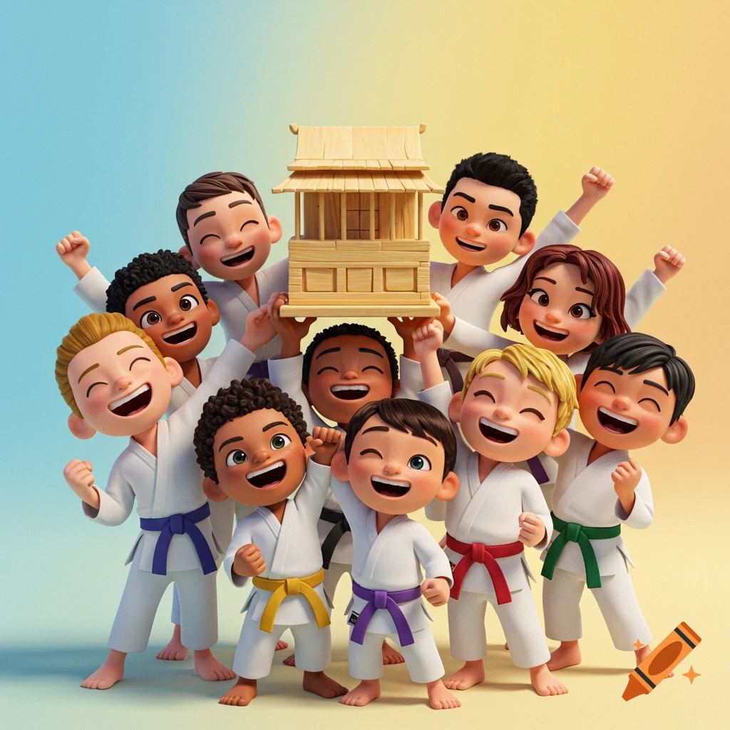 A diverse group of cheerful cartoon children in karate gis hold up a miniature wooden dojo in Pixar style.