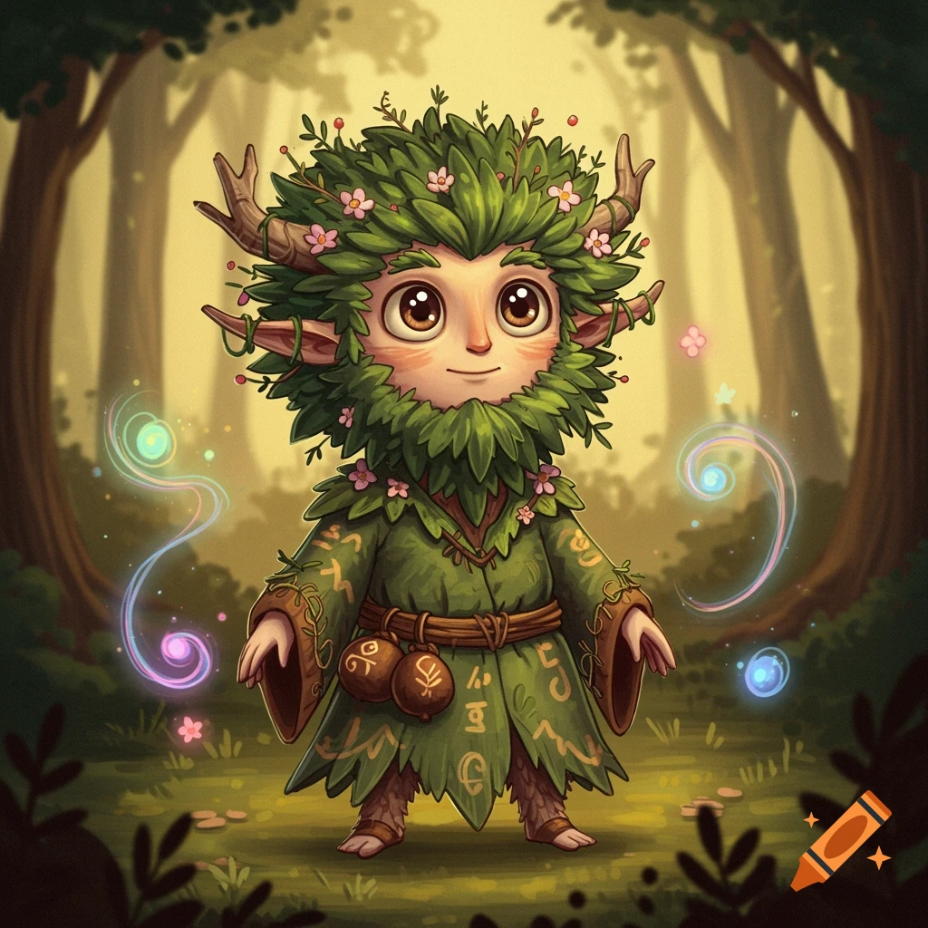 A cute, cartoon-style druid character with a leafy head and attire, standing in a magical forest with glowing swirls.