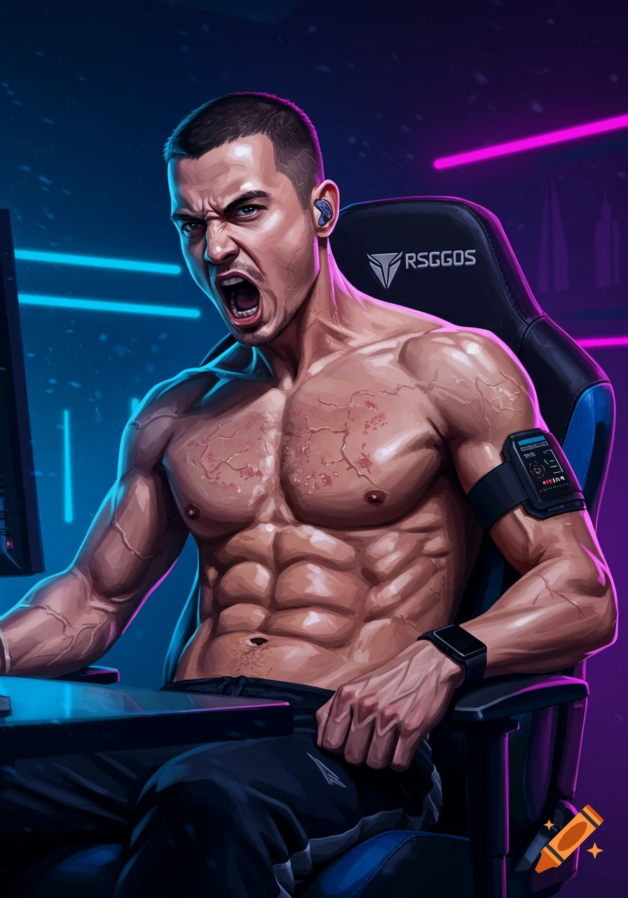 An intense, muscular man with bulging veins and a buzz cut screams at a computer while sitting in a gaming chair, wearing a heart rate monitor. Neon blue and pink lights illuminate the scene.