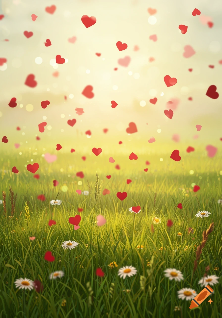 A vibrant field of green grass and white daisies under a bright sky with red and pink heart-shaped confetti falling.